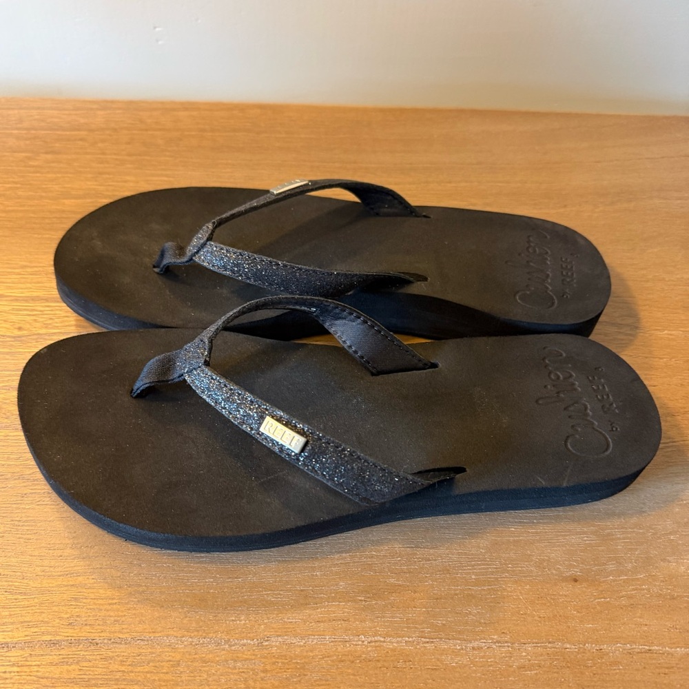 REEF Star Cushion Flip Flop Throng Thong Sandals Black Glitter Size 8